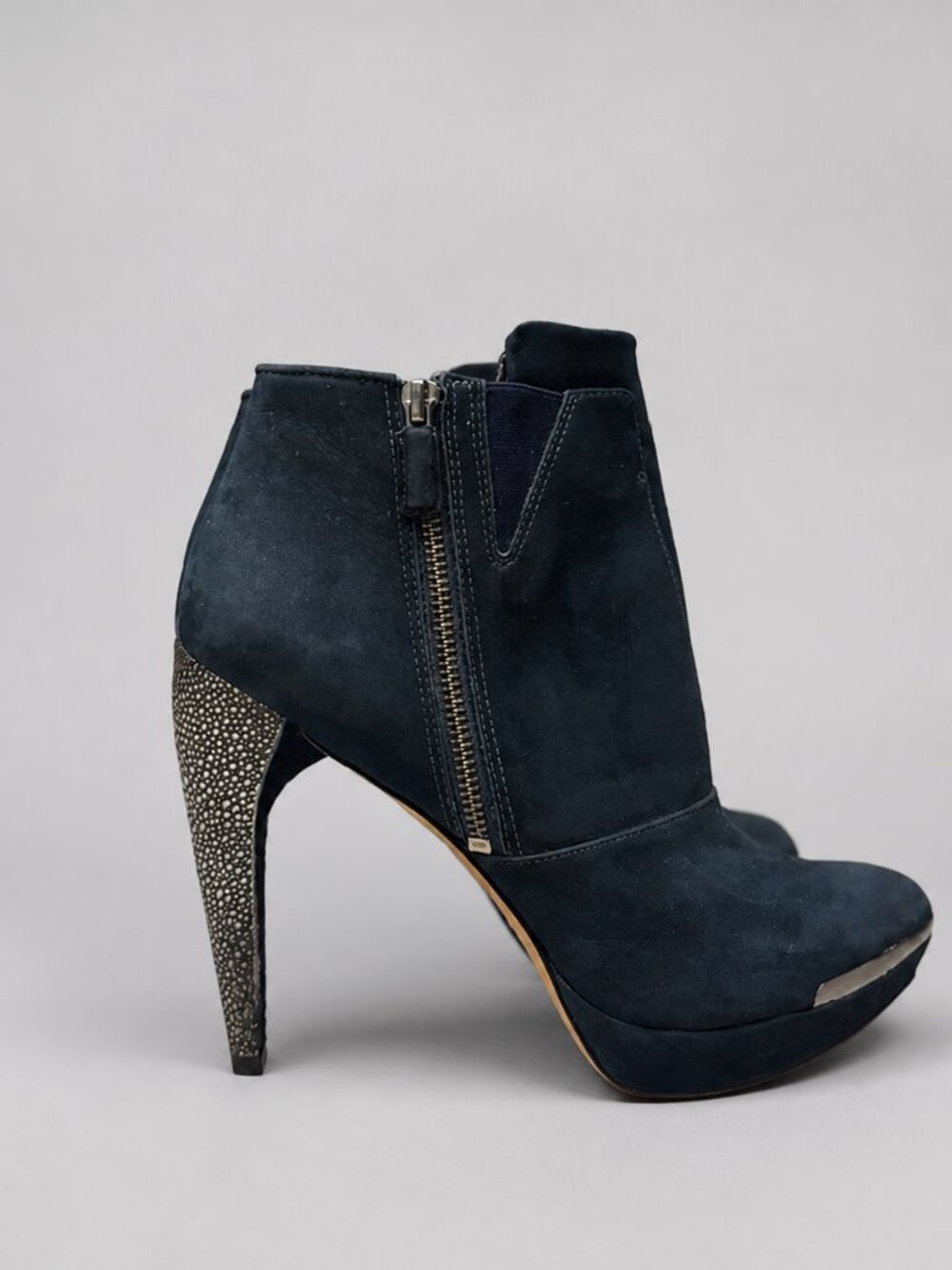Hervé Léger Mercer Suede Platform Ankle Booties Navy Blue Studded Heel Size 10